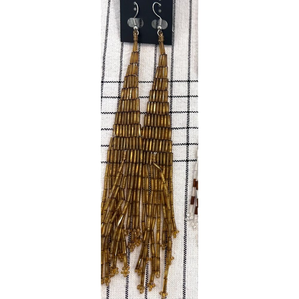 NWT JohnLaw Boutique Women's Beaded Fringe Handmade Boho Dangle Earrings Gold 6"
